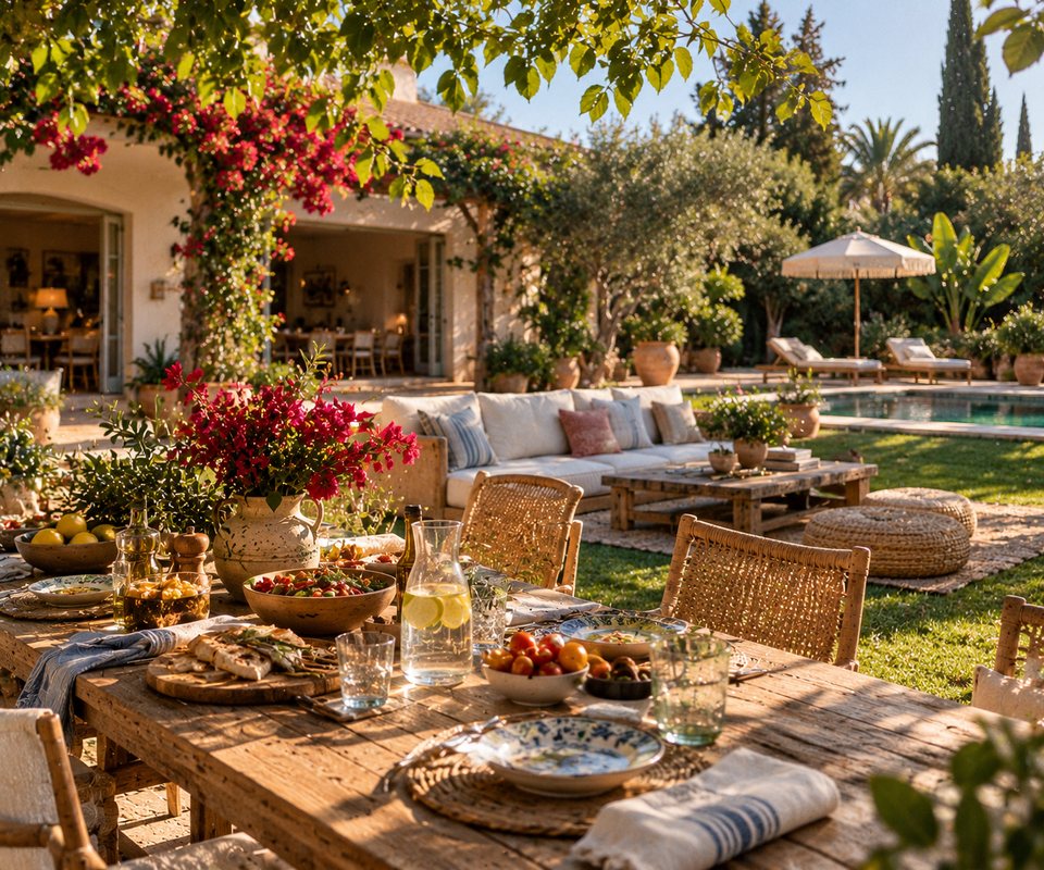 Long lunch table in a sunny villa garden